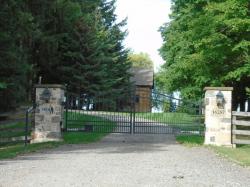 Spiked black gate with custom stone pillars